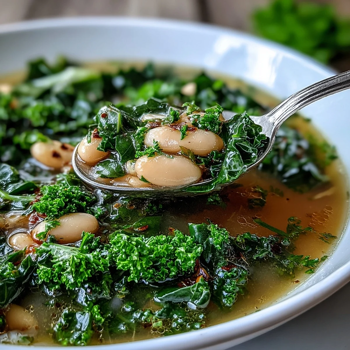 Cozy vegetarian soup with tender kale, creamy white beans, and bright lemon-garlic aroma.  