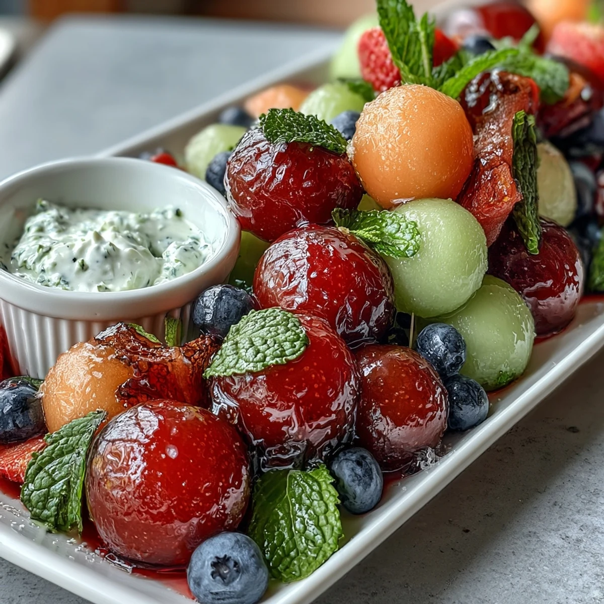 Fresh seasonal fruit platter featuring melon balls and berries, accompanied by zesty honey-lime yogurt dip for a healthy snack or dessert.
