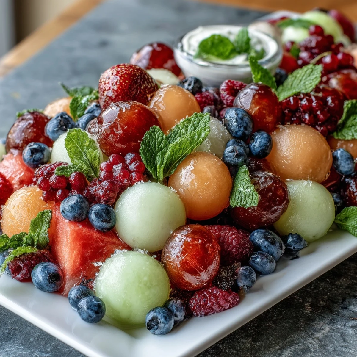 Bright and festive melon fruit platter arranged with berries and grapes, paired with tangy-sweet honey lime dip for brunch or parties.  