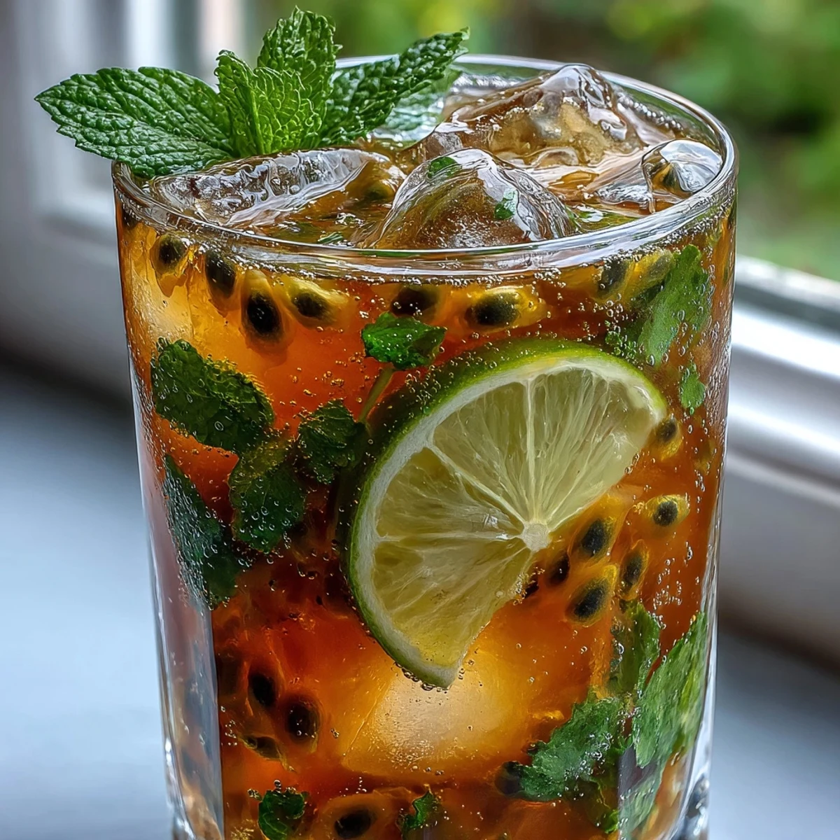 Vibrant passionfruit mojito with fresh mint, lime, and soda water, served in a chilled highball glass with tropical garnishes.