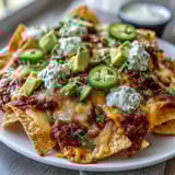 Cheesy Tex-Mex nachos with smooth cheese sauce, jalapeños, avocado, and tangy sour cream.  