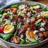 A vibrant Spring Cobb Salad with Strawberries and Avocado, drizzled with balsamic dressing for a fresh, colorful meal.