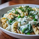 Vivid One-Pot Lemon Ricotta Pasta: rich ricotta, sweet peas, and wilted spinach coated pasta.