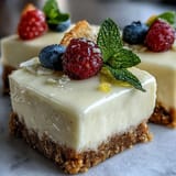 No-bake Skyr Lemon Cheesecake Bars, perfectly chilled and topped with fresh berries.