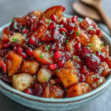 Beautifully simmered ginger fruit compote served warm, a delightful sweet and spicy dessert.