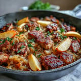 One-pan Simple Pork and Sauerkraut Skillet, a comforting German meal, golden brown.