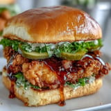 Golden fried chicken sandwich, dripping with sweet and spicy hot honey.