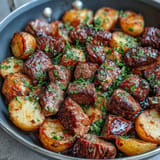 Juicy steak bites nestled with crisp potatoes smothered in rich garlic butter.
