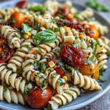 Juicy tomatoes and sweet corn in a zesty Summer Corn and Tomato Pasta Salad.