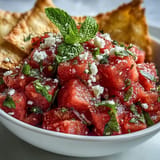 Bright watermelon feta salsa topped with mint, served alongside golden pita chips.