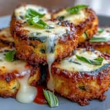 Melted mozzarella crowns these savory crispy zucchini pizza bites, ready for dipping.