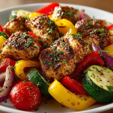 Colorful Cajun Chicken and Vegetable Skillet sizzles in a rustic pan, ready for serving.