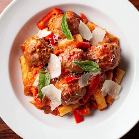 Sizzling Italian Meatball Pasta Skillet, a one-pan meal with melted cheese and fresh basil.