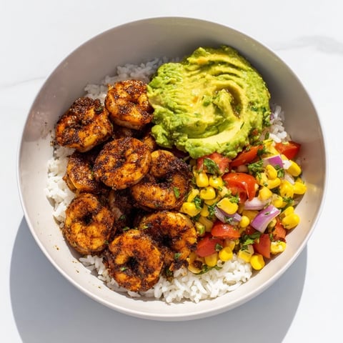 Spicy blackened shrimp bowl with creamy avocado salsa served with fluffy white rice.