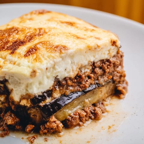 Golden, bubbly moussaka, layers of eggplant and beef topped with creamy béchamel, ready to serve.
