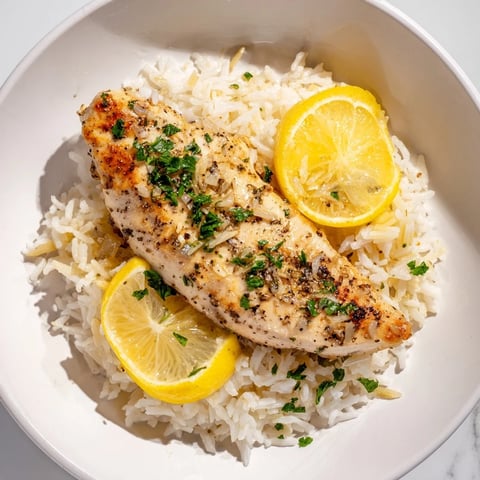 Juicy Lemon Pepper Chicken, perfectly baked, sitting atop a bed of fluffy white rice.