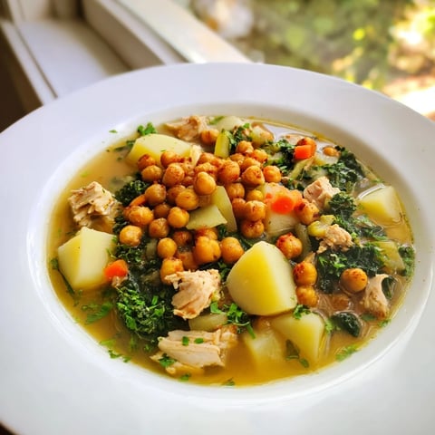 Golden, crispy chickpeas topping a steaming bowl of Chicken Kale Soup, ready to enjoy.