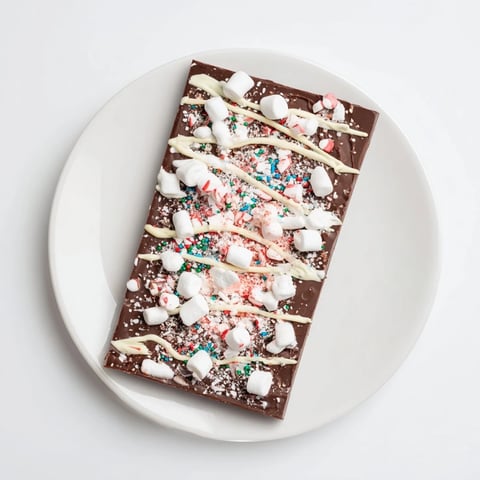 Close up image of Viral Hot Chocolate Bomb Bark, showcasing white chocolate drizzle over cocoa and marshmallows.