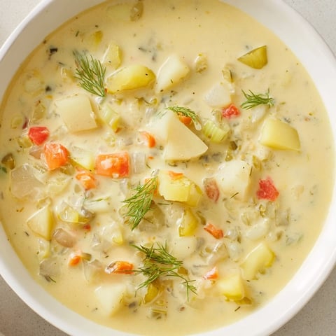 Creamy dill pickle soup, steaming hot, garnished with fresh dill, ready to eat.