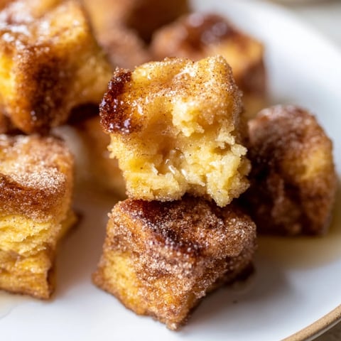 Golden-brown Mini French Toast Casserole Bites, warm from the oven, ready to be drizzled with syrup.
