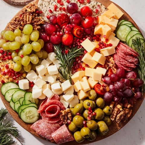 A Quick Christmas Charcuterie Wreath Board featuring vibrant fruits, cheeses, and meats arranged festively.