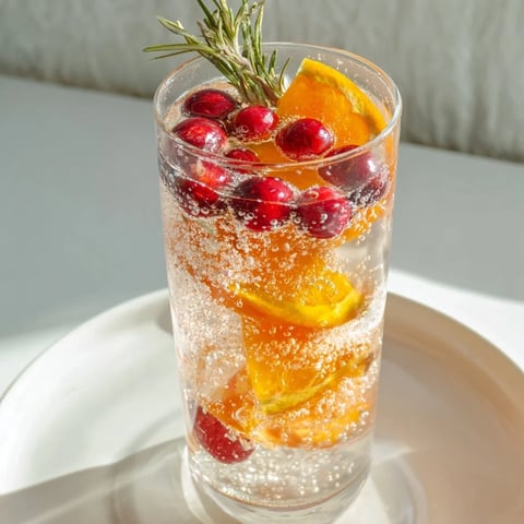 Snow Globe Mocktail with floating cranberries, orange slices, and bubbly sparkling water, a festive drink.