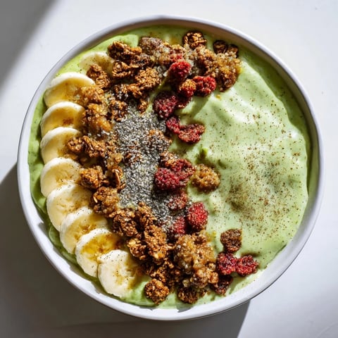 Creamy Gingerbread Cookie Matcha Smoothie Bowl topped with granola, and fresh berries for breakfast.