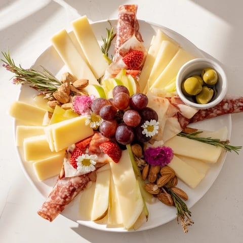 Festive star-shaped appetizer board overflowing with cheeses, charcuterie, fruits, nuts, and crackers.