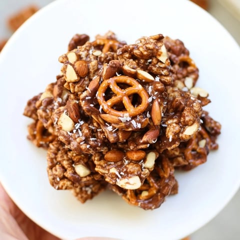 Golden, chocolate-covered Festive Pine Cone Snack Mix piled on a white serving plate, delicious holiday snack.