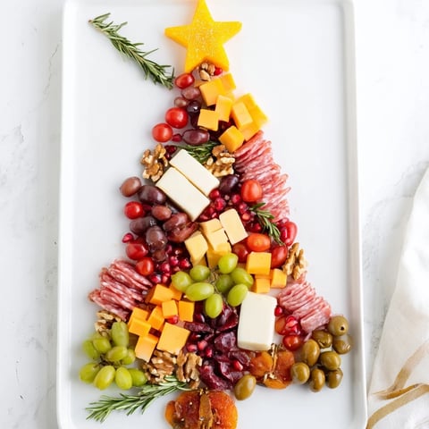 Festive Christmas Tree Charcuterie Dream brimming with cured meats, cheeses, and colorful fruit.