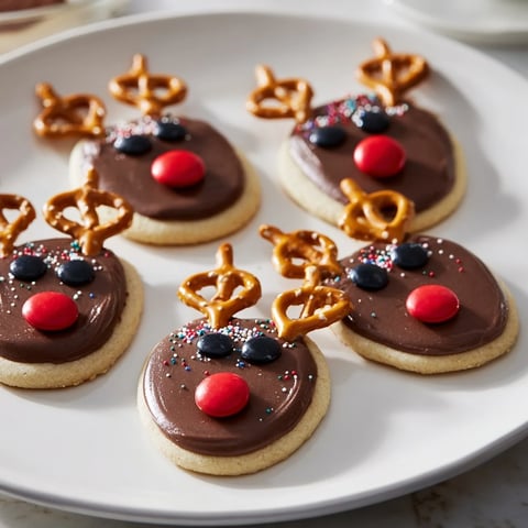 A charming platter of Santa's Reindeer Cookies, decorated with pretzels and candy noses.