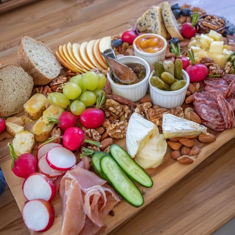 Cheval Heureux Snack Board arranged with colorful fruits, cheeses, cold cuts, and crackers, ideal for sharing.