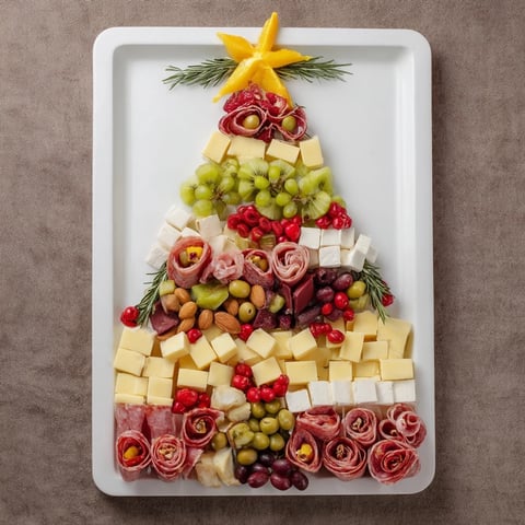 Festive Holiday Tree Appetizer Platter boasts vibrant cheeses and charcuterie, arranged beautifully for a holiday spread.