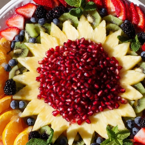 Vibrant Pomegranate Starburst Platter with juicy arils, pineapple triangles, and colorful assorted fruits for a festive snack.