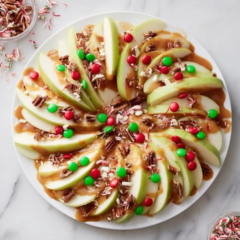 Festive Caramel Apple Slice Christmas Wreath, glistening with caramel and chocolate, perfect for holiday gatherings.