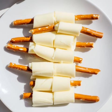 String cheese and pretzel rods snack: creamy mozzarella and salty pretzel rods, a quick and easy kids' snack.