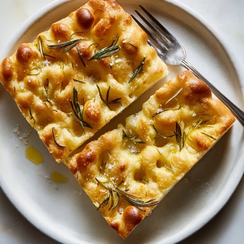 Golden, sliced Holiday Bread focaccia with rosemary, ready to serve warm at your table.