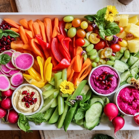 Vegan Global Gardener Platter with colorful fruits, veggies and dips, ready for healthy snacking.