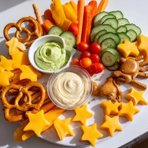 Kids Snack Adventure Map: A colorful platter with pretzel paths leading to dips, fruits, and cheese shapes.