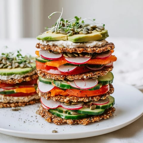 A beautifully arranged Gluten-Free Gourmet Tower with colorful layers and fresh, vibrant toppings. 