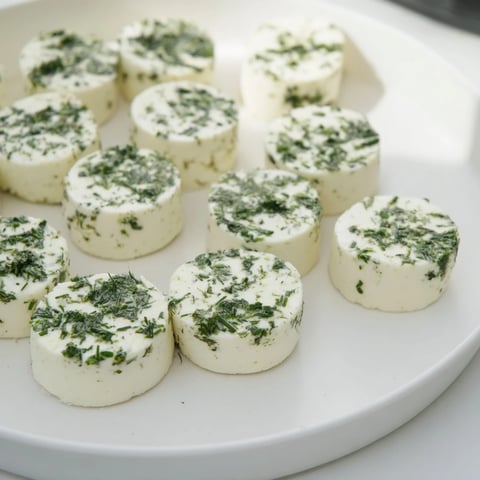 The Mossy Stone appetizer: Creamy goat cheese rolled in fresh herbs, ready for a cheese platter.