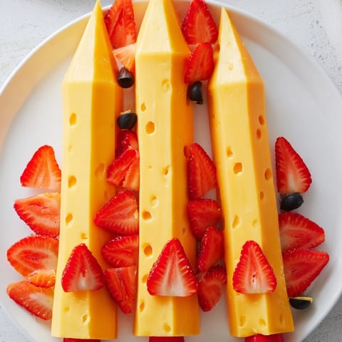 A vibrant photo of a Retro Rocket snack platter, featuring cheese and strawberry flames.