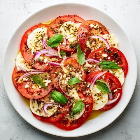 Speedy Feta-Free Tomato Bake with bubbling mozzarella, golden Parmesan, and fresh basil garnish.
