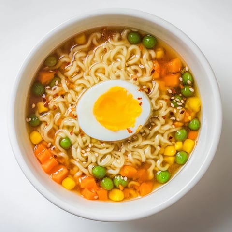 Steaming bowl of Ramen Upgrade with frozen peas, topped with egg and green onions, ready to eat.