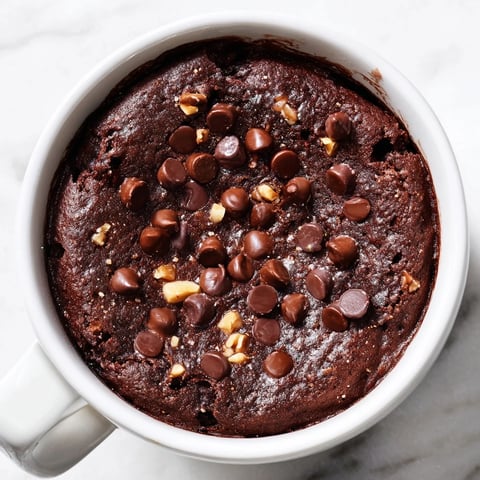 Fudgy, warm Mug Brownie fresh from the microwave, ready for a chocolatey dessert treat.