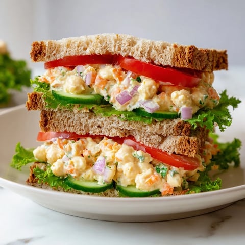 Freshly made Easy Chickpea Salad Sandwich, creamy filling spilling onto whole-grain bread slices.
