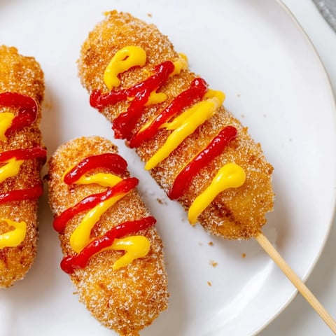 Golden-brown Korean-inspired corn dogs, crispy from a deep fry, ready for a sweet, savory bite.