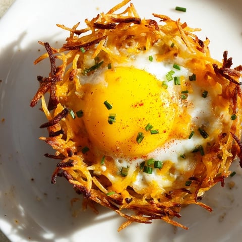 Golden brown Crispy Hashbrown Egg Nests with perfectly cooked eggs and melted cheese, a savory breakfast.