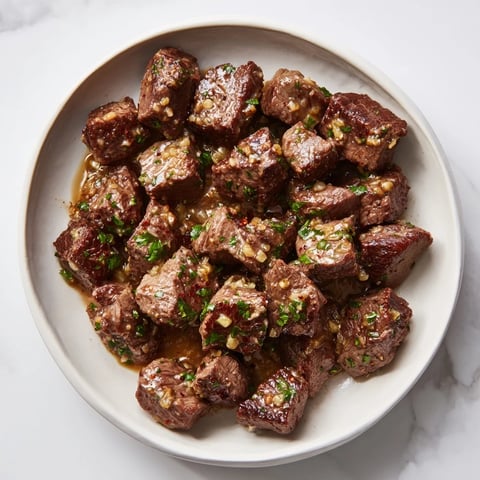 Golden-brown air-fryer garlic-butter steak bites, deliciously coated and ready to savor as a tasty appetizer.