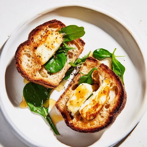 Golden crispy halloumi grilled cheese sandwich, oozing with melted cheese, ready to eat alongside fresh arugula.